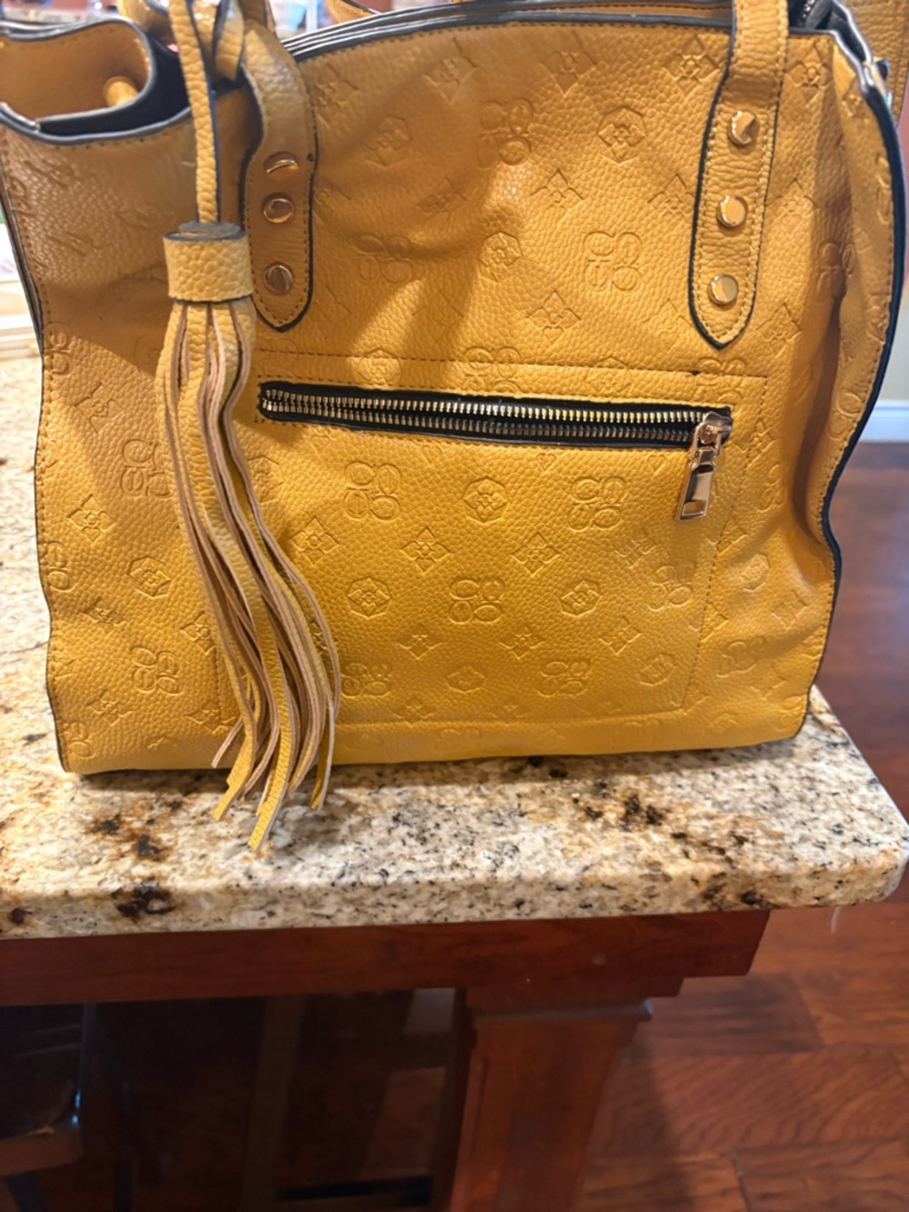 Source Unknown Mustard Yellow Embossed Tote with Tassel